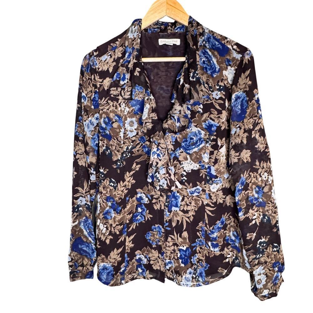 Coldwater Creek Womens Large Brown Floral Sheer Blouse Lined Top